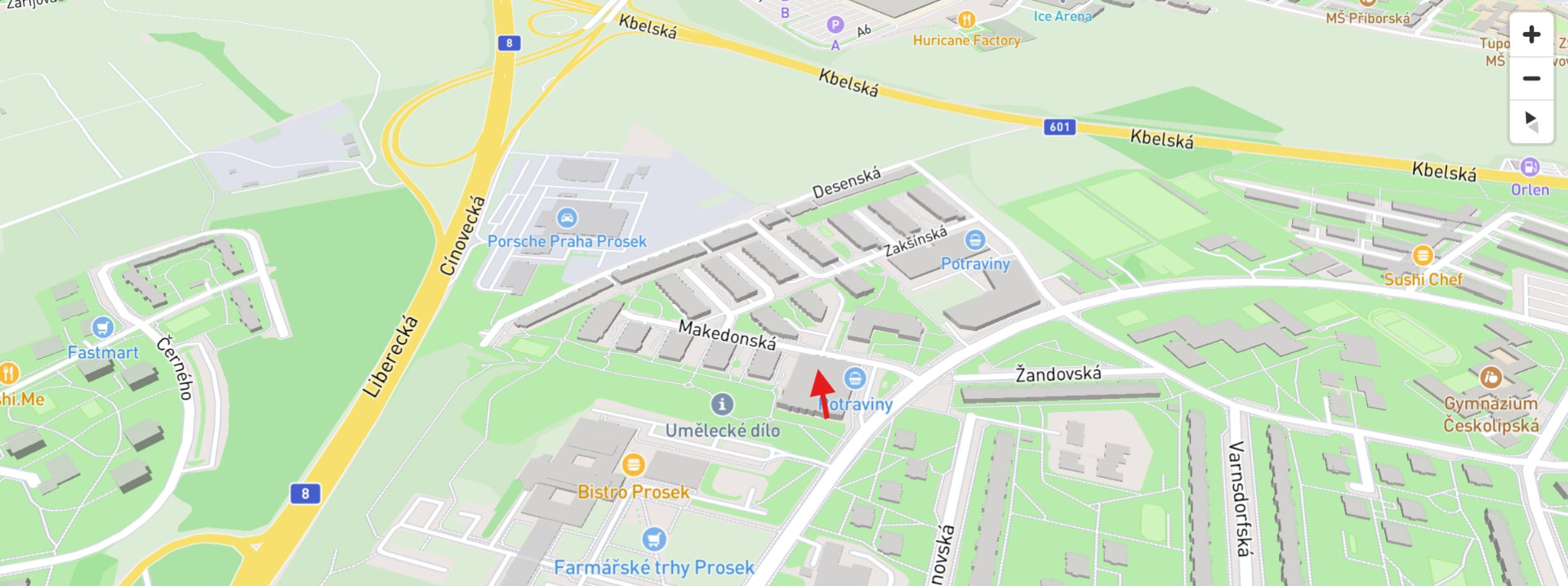 Mapa okolí projektu Prosecká zahrada, Makedonská 1, Praha 9